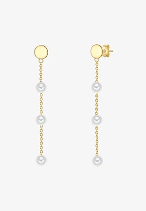 Gouden metalen oorbellen met een ronde stud en drie hangende witte parels verbonden door een delicate ketting.