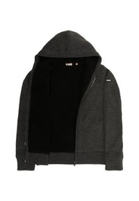 Szara bluza z kapturem zapinana na zamek, z czarną podszewką z polaru, ściągaczami na mankietach i dole. Ma małe logo na lewym ramieniu.