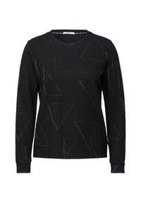 Schwarzer Sweatshirt aus strukturiertem Stoff, mit einem Muster aus verschiedenen dreieckigen Formen in einem leicht helleren Farbton. Lange Ärmel und Rundhalsausschnitt.