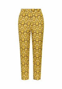 Pantaloni gialli con motivi geometrici marroni, con vestibilità su misura e tessuto liscio. Ideali per un look casual.
