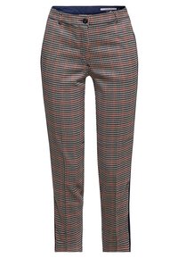 Slim fit -leikkauspöksyt mustassa, valkoisessa ja punaisessa koiranhammasruutukuviossa, joissa on nappikiinnitys ja laivastonsininen vyötärönauhan vuori.