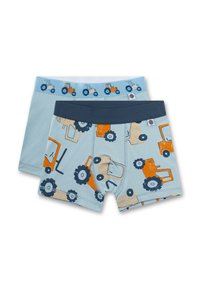 Two pairs of light blue boys' boxer briefs, one with orange and navy tractor prints and navy waistband, the other with small tractors on waistband.