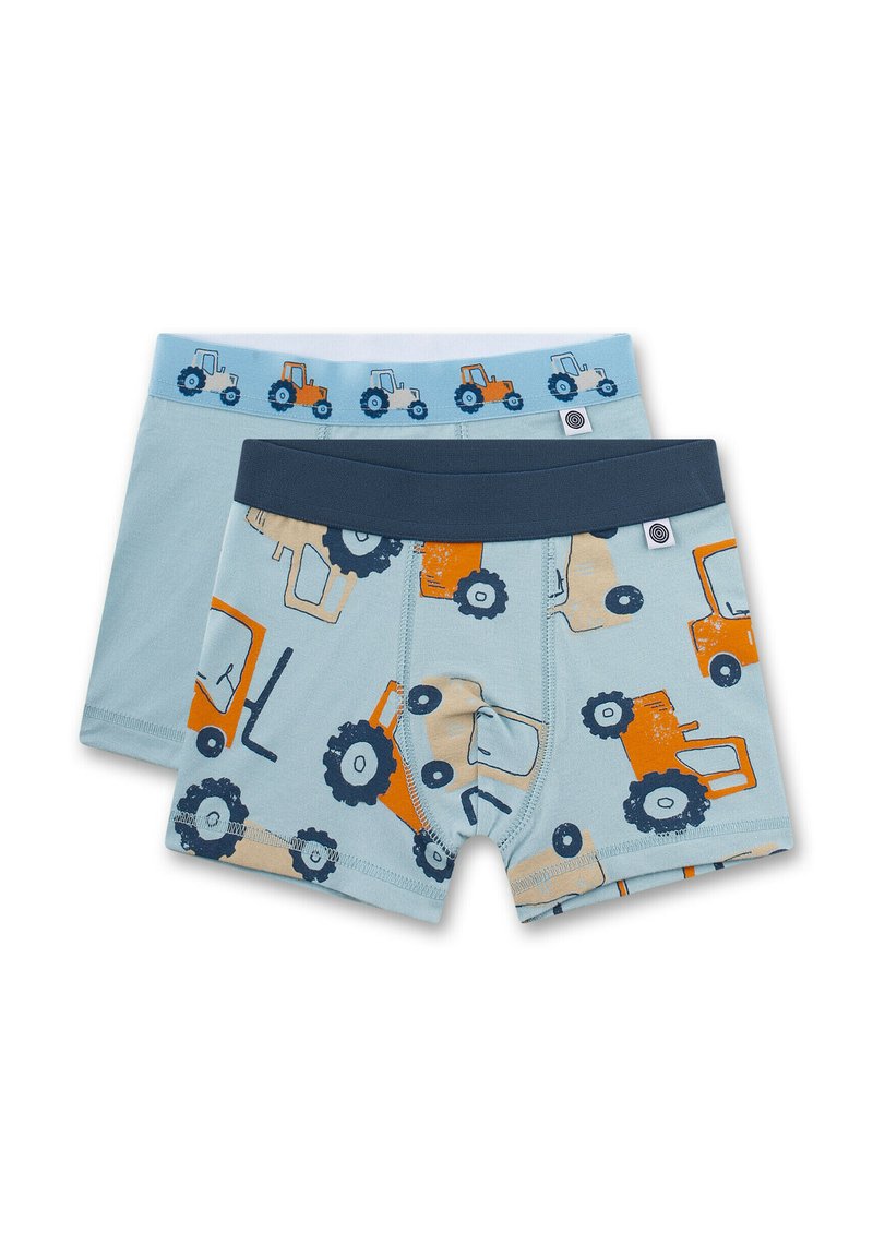Two pairs of light blue boys' boxer briefs, one with orange and navy tractor prints and navy waistband, the other with small tractors on waistband.