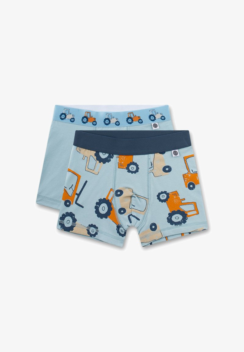 Two pairs of light blue boys' boxer briefs, one with orange and navy tractor prints and navy waistband, the other with small tractors on waistband.