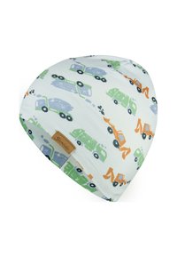 Beanie made of soft cotton with a white base; features colorful vehicle patterns in green, orange, and blue; includes a small branded tag.