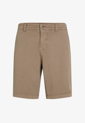 Shorts en coton marron avec fermeture à bouton, poche avant unique et détails cousus. Coupe droite avec un ourlet en bas.
