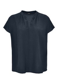 Donkerblauwe kortemouwen blouse met een lichte textuur, een ronde hals met een V-vormige uitsnijding en een relaxte pasvorm.