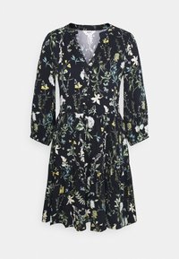 Vestido midi negro con flores, escote en V, 3 botones, mangas largas y cintura fruncida, con un estampado botánico en verde, blanco, amarillo y azul.