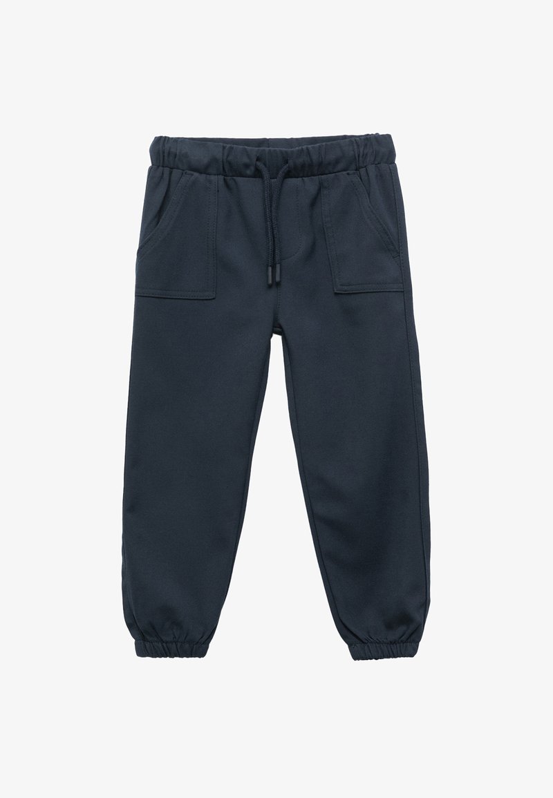 Pantalones jogger en azul marino oscuro, hechos de un tejido suave, con cintura elástica y cordón, dos bolsillos frontales y puños elásticos.