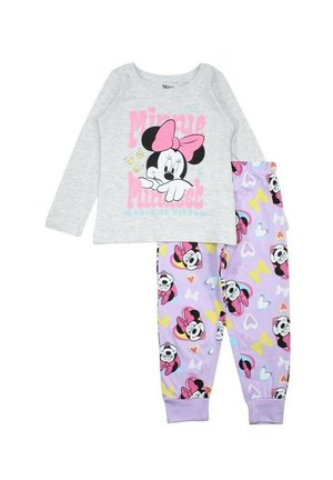 T-shirt gris à manches longues avec un motif de Minnie Mouse ; pantalon lavande avec des motifs colorés représentant Minnie Mouse et des papillons.