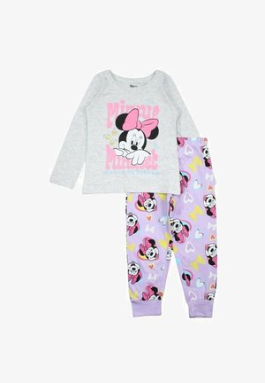 T-shirt gris à manches longues avec un motif de Minnie Mouse ; pantalon lavande avec des motifs colorés représentant Minnie Mouse et des papillons.