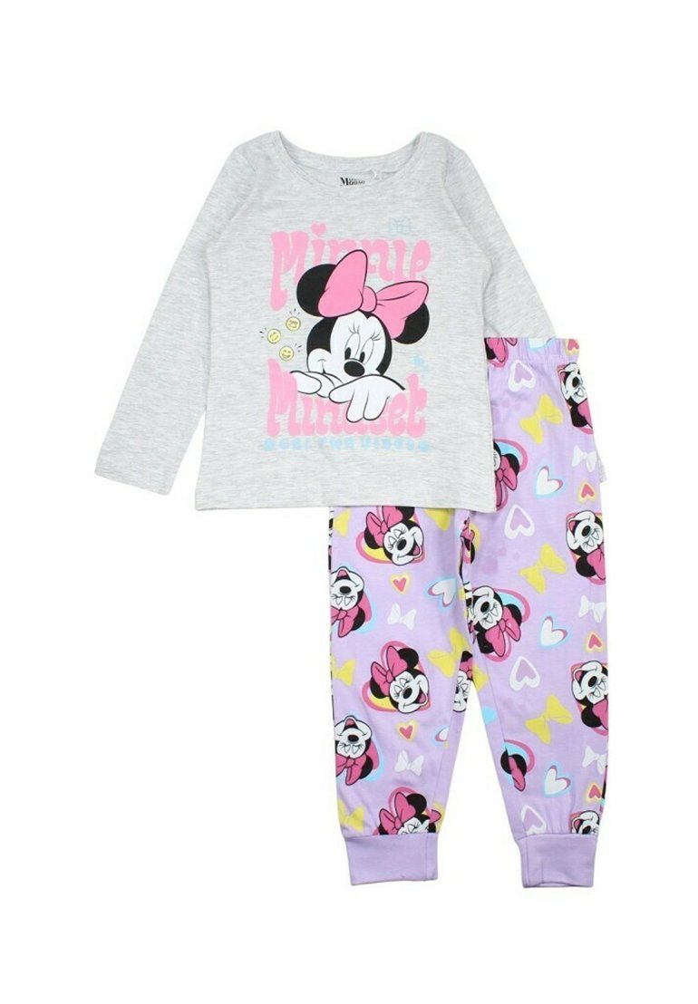 T-shirt gris à manches longues avec un motif de Minnie Mouse ; pantalon lavande avec des motifs colorés représentant Minnie Mouse et des papillons.