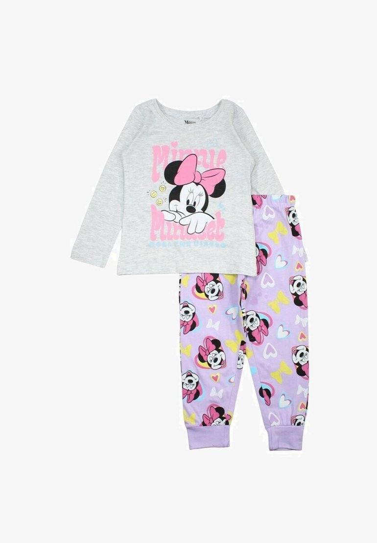 T-shirt gris à manches longues avec un motif de Minnie Mouse ; pantalon lavande avec des motifs colorés représentant Minnie Mouse et des papillons.