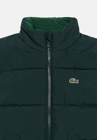 Σκούρο πράσινο μπουφάν με επένδυση, με ψηλό γιακά, διαθέτει μπροστινό φερμουάρ και μικρό κεντητό λογότυπο κροκόδειλου στο στήθος.