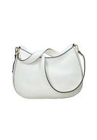 Borsa a spalla in pelle bianca con un design curvo, rifiniture nere e hardware dorato. Presenta un compartimento principale con una sola tracolla regolabile.