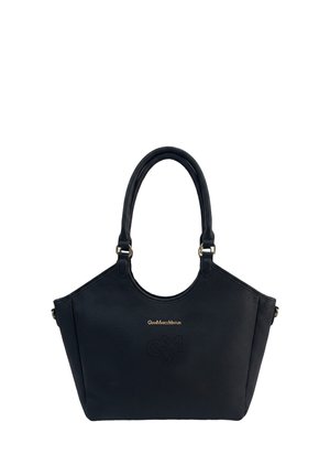 Sac à main en cuir noir avec deux anses, lettrage doré du logo centré sur le devant et motif de cœur perforé subtil sous le logo.