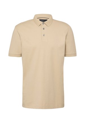 Beige kurzärmeliges Poloshirt mit drei Knöpfen und Kragen, vor weißem Hintergrund dargestellt.