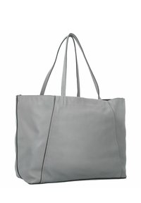 Grijze leren tote bag met twee lange handvatten, een rechthoekige vorm, een gladde textuur en subtiele stikdetails aan de zijkanten.