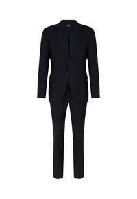 Donkerblauw pak bestaande uit een passend colbert met een geknipt revers en bijpassende broek, gemaakt van een gladde stof met een subtiele textuur.