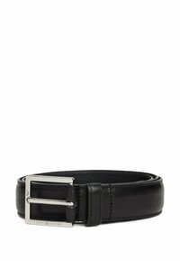 Cintura in pelle nera con fibbia rettangolare in argento incisa con "Tommy Hilfiger", mostrata arrotolata su sfondo bianco.