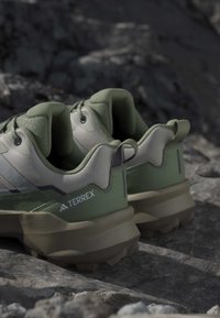 Paire de chaussures de randonnée Adidas Terrex vertes et beiges placées sur un sol rocheux, mettant en avant des semelles robustes et un col rembourré pour une utilisation en extérieur.