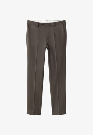 Brązowe spodnie w kratę wykonane z teksturowanej tkaniny. Posiadają proste nogawki oraz klasyczne przednie kieszenie zapinane na guzik.