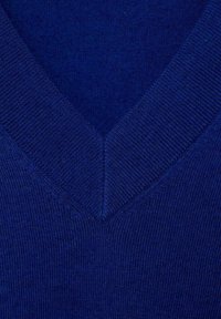 Maglione a V in un profondo blu navy, realizzato in tessuto a maglia testurizzato con una finitura liscia. Presenta polsini e orlo a costine.