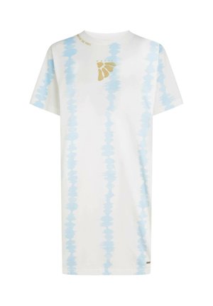 White T-shirt dress with light blue abstract stripe pattern and gold logo on the chest. Short sleeves and relaxed fit. Soft cotton material.