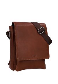 Brown leather shoulder bag with a flap closure and adjustable dark brown strap shown against a white background.