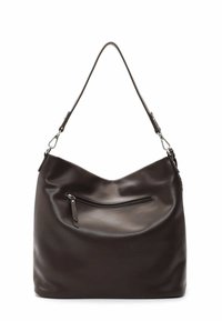 Borsa a tracolla in pelle marrone con un design morbido, dotata di una tasca con zip frontale e una singola tracolla. Texture liscia e hardware semplice.