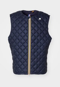 Marineblaue gesteppte Weste mit hohem Kragen, ärmellosem Design und einem Frontreißverschluss mit gelben, roten und weißen Streifen.