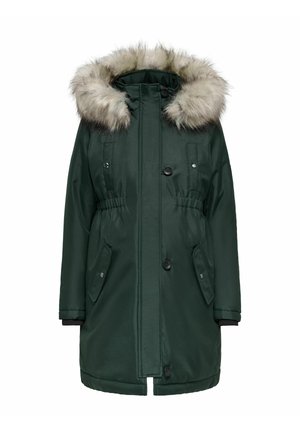 Grön parka med huva i fuskpäls, elastisk midja, två sidofickor, knappstängning och texturerad tyg.