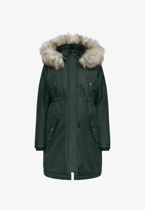 Zelená parka s kapucí podšitou umělou kožešinou, elastickým pasem, dvěma bočními kapsami, knoflíkovými zapínáními a texturovaným materiálem.