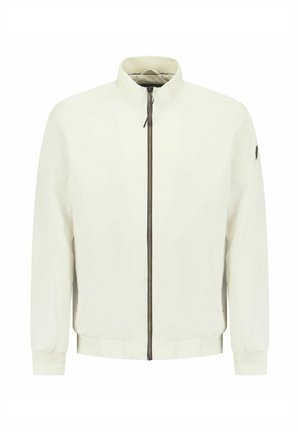 Heren off-white bomberjack met rits aan de voorkant, geribde boorden en zoom, en een opstaande kraag.
