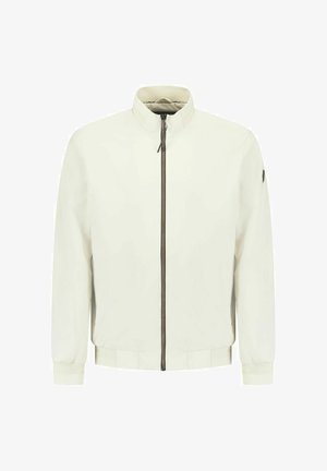 Heren off-white bomberjack met rits aan de voorkant, geribde boorden en zoom, en een opstaande kraag.