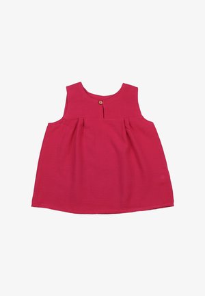 Sleeveless pink top made of lightweight fabric, featuring a round neckline, pleated front detail, and a small wooden button at the back.