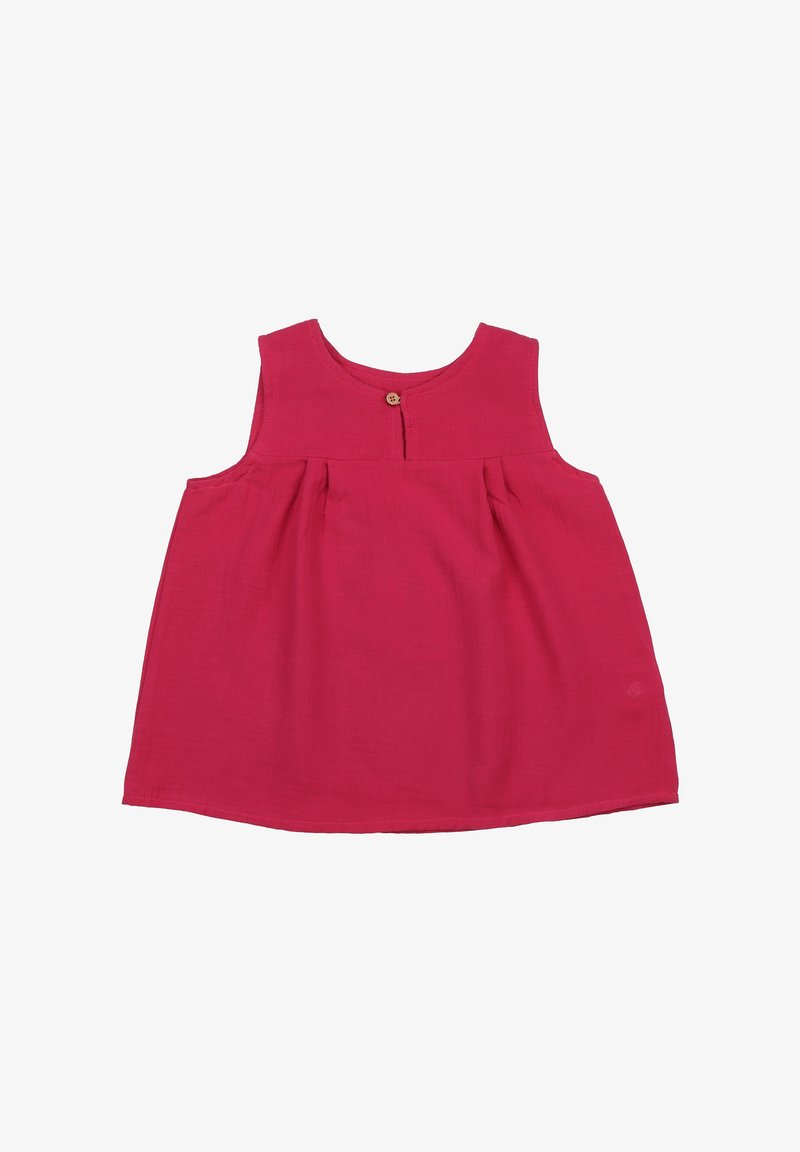 Sleeveless pink top made of lightweight fabric, featuring a round neckline, pleated front detail, and a small wooden button at the back.