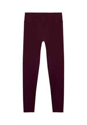 Dunkelburgunderrote Leggings mit hoher Taille und voller Länge, mit flachen Nähten, für aktive Nutzung oder Freizeit auf weißem Hintergrund.