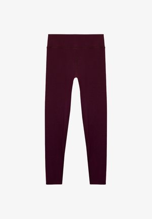 Dunkelburgunderrote Leggings mit hoher Taille und voller Länge, mit flachen Nähten, für aktive Nutzung oder Freizeit auf weißem Hintergrund.