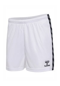 Hvide atletikshorts med elastisk talje, sorte Chevron-striber på siderne og Hummel-logo på nederste højre ben.