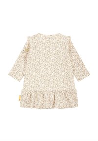 Langärmliges Kleid mit Rüschensaum, aus leichtem Stoff. Cremefarbener Hintergrund mit kleinem Blumenmuster in verschiedenen Rosa- und Brauntönen.