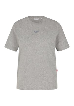 Graues Baumwoll-T-Shirt mit kurzen Ärmeln, rundem Halsausschnitt und blauer "JOOP!"-Logodruck auf der Brust. Mit einem roten Etikett an der Seite.