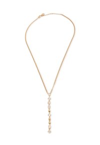Gold-tone necklace featuring a delicate chain with a vertical drop design adorned with rectangular and diamond-shaped clear gemstones.