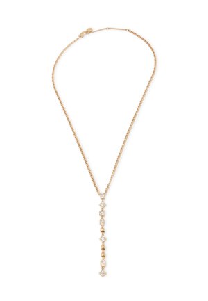 Gold-tone necklace featuring a delicate chain with a vertical drop design adorned with rectangular and diamond-shaped clear gemstones.