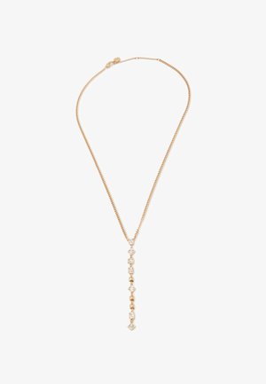Gold-tone necklace featuring a delicate chain with a vertical drop design adorned with rectangular and diamond-shaped clear gemstones.