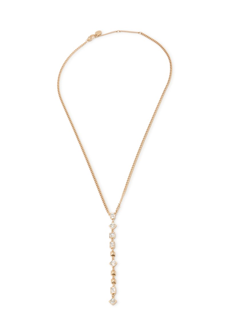 Gold-tone necklace featuring a delicate chain with a vertical drop design adorned with rectangular and diamond-shaped clear gemstones.