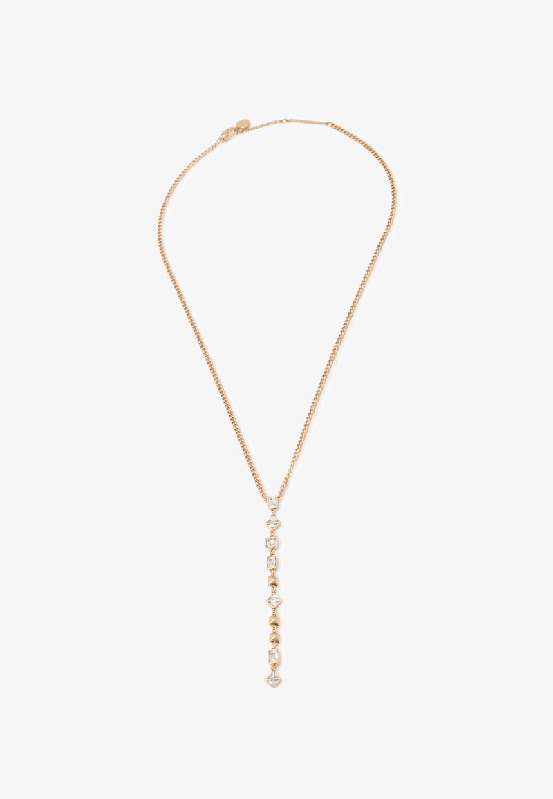 Gold-tone necklace featuring a delicate chain with a vertical drop design adorned with rectangular and diamond-shaped clear gemstones.