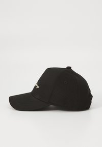 Sort cap med buet skygge, lavet af bomuld. Har broderet tekst på forsiden og seks ventilationshuller. Enkelt, ukompliceret design.