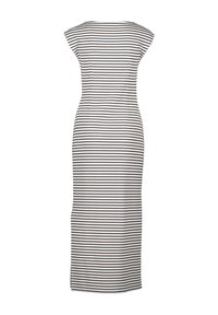 Striped long dress featuring a fitted design, made of soft fabric with black horizontal stripes on a white background and cap sleeves.