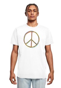 Hvid bomulds T-shirt med et multicolor fredssymbol design i midten. Korte ærmer og rund halsudskæring med en afslappet pasform.
